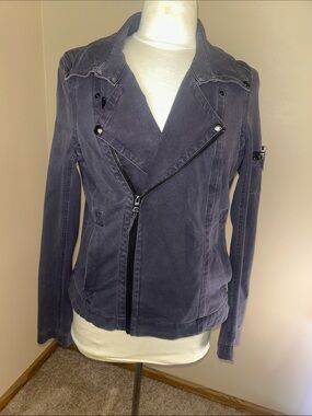 Women's Washed Navy Jean Jacket with Asymmetrical Zip